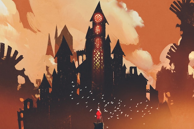 Photo chevalier rouge debout devant le château fantastique sur fond de nuages orange, peinture d'illustration