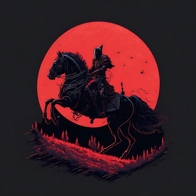 Un chevalier sur son cheval avec une lune rouge en arrière-plan avec un effet vintage généré par ai