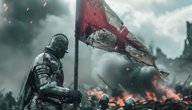 Photo un chevalier tient un drapeau dans une scène de bataille