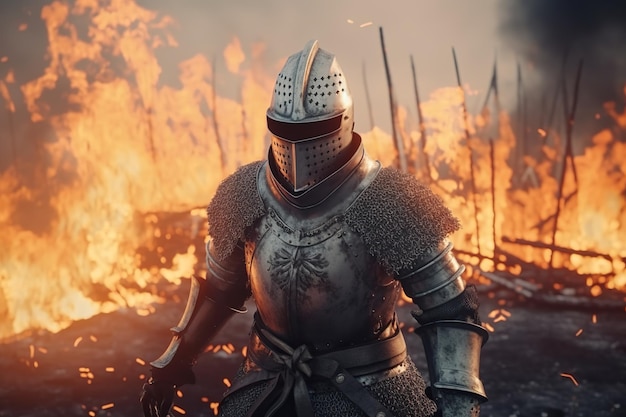 Chevaliers en armure sur le champ de bataille la nuit après la victoire de la bataille Tout est en feu