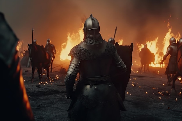 Chevaliers en armure sur le champ de bataille la nuit après la victoire de la bataille Tout est en feu