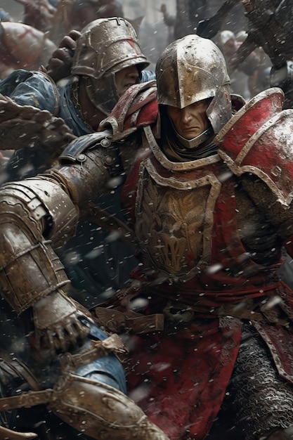 Photo chevaliers en armure combattant d'autres personnages dans le style de la vue cinématographique médiévale