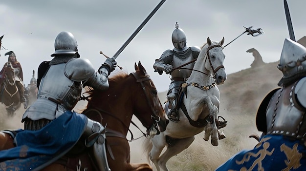 Les chevaliers blindés médiévaux se battent pour leurs chevaux.