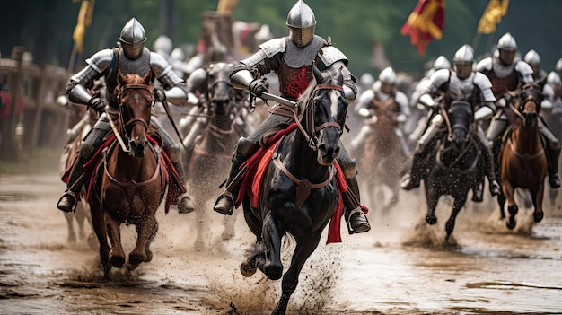 Chevaliers médiévaux joutant dans un grand tournoi