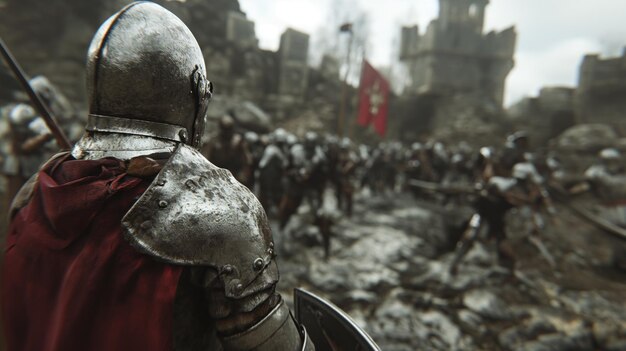 Photo les chevaliers médiévaux se battent devant le château le siège la guerre pour le royaume les guerres dans l'armure avec des épées des lances et des boucliers