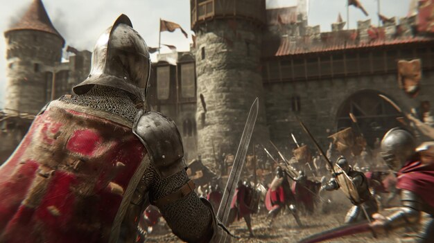 Photo les chevaliers médiévaux se battent devant le château le siège la guerre pour le royaume les guerres dans l'armure avec des épées des lances et des boucliers