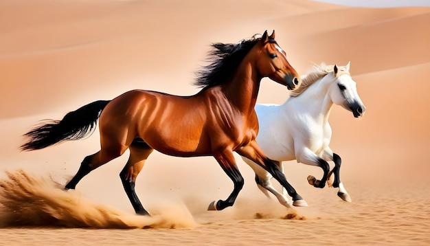 Des chevaux arabes blancs et bruns dans le désert.