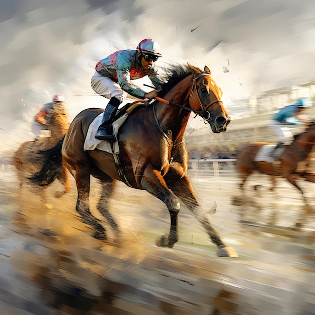 Des chevaux artistiques courent en groupe sur une piste de course