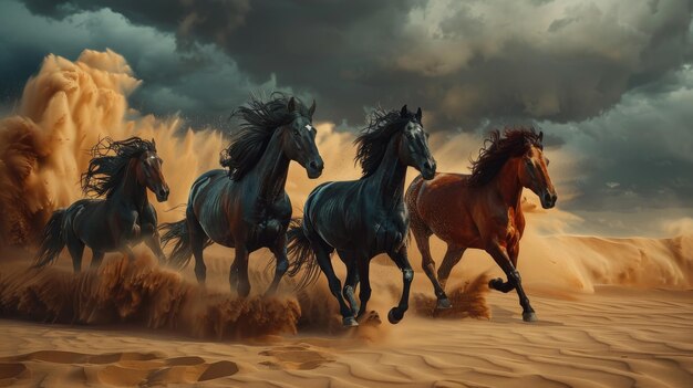 Des chevaux au galop dans une scène dramatique du désert