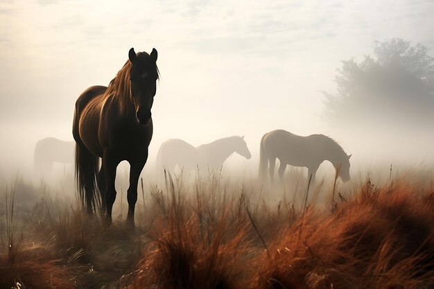 Photo des chevaux au pâturage dans une prairie brumeuse