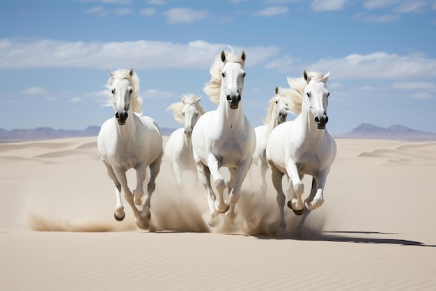 chevaux blancs courant dans le désert