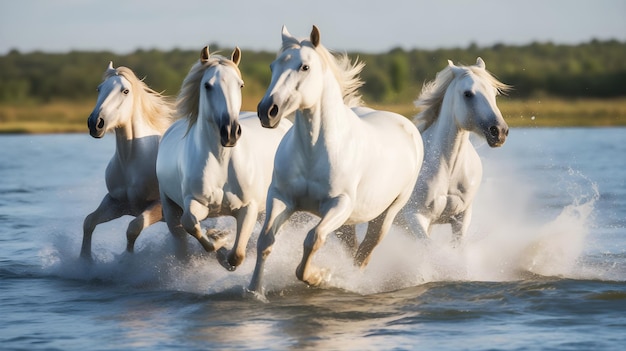 Chevaux blancs courant dans l'eau