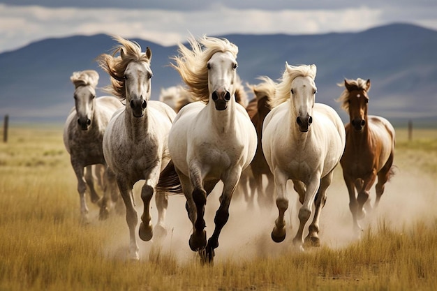 des chevaux blancs courent dans un champ avec des montagnes en arrière-plan