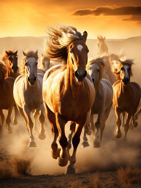 chevaux courant au coucher du soleil