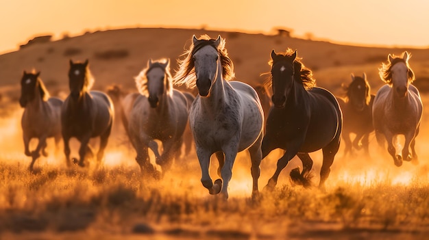 Chevaux courant au coucher du soleil