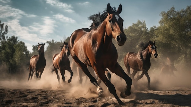 Chevaux courant sur un chemin de terre