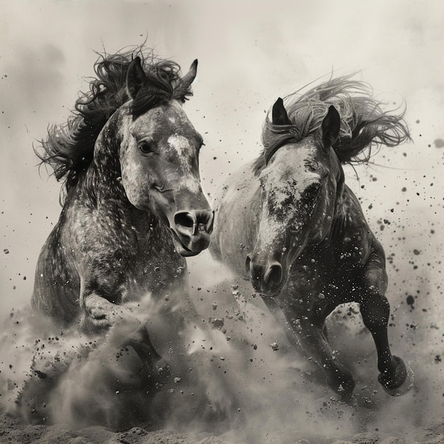 des chevaux courant dans le sable avec de la poussière volant autour d'eux