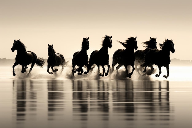 Photo des chevaux courent sur la plage dans le brouillard du matin.