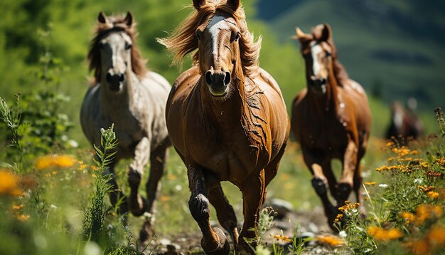 Photo des chevaux courent à travers la prairie mongole.