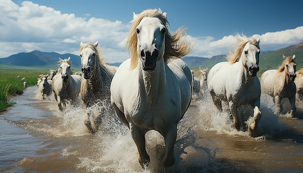 Photo des chevaux courent à travers la prairie mongole.