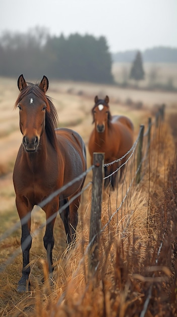 Des chevaux dans un groupe se promènent à côté d'une ligne de clôture de routes rurales