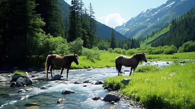 Photo des chevaux debout dans un ruisseau dans une vallée de montagne avec des montagnes en arrière-plan