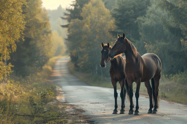 Photo chevaux debout sur la route près de la forêt tôt le matin ou le soir