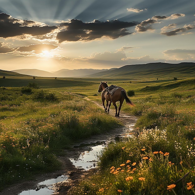 Photo les chevaux du matin d'été sans fin sur les prairies à l'aube