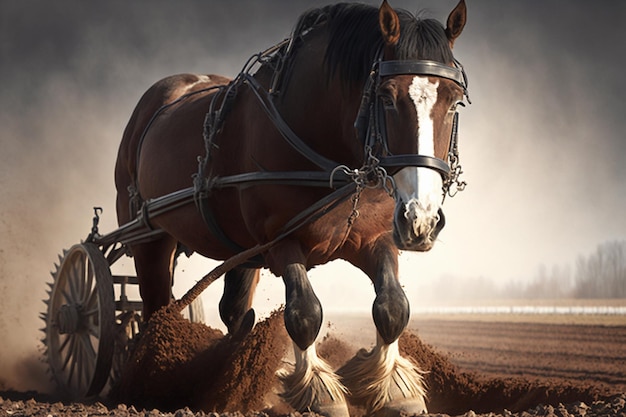 Les chevaux labourent la terre Champ de travail des chevaux généré par l'IA