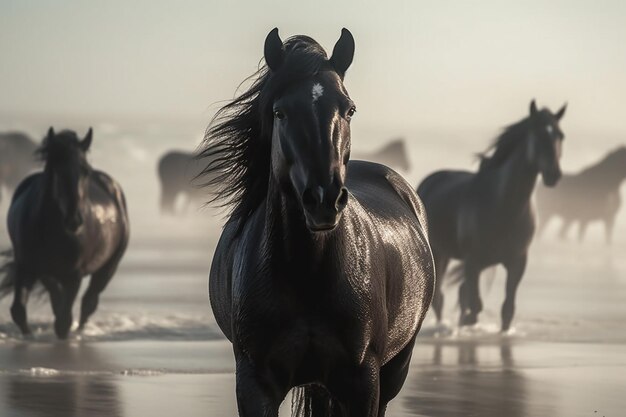 Chevaux sur la plage dans la brume au lever du soleil ai générative