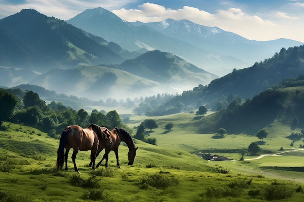 Chevaux pur-sang broutant avec un beau fond vert de montagne le matin