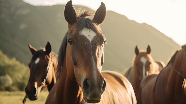 Chevaux pur-sang paissant avec un magnifique fond vert de montagne le matin génératif d'IA