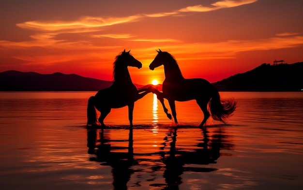 Photo des chevaux qui courent sur la plage au coucher du soleil