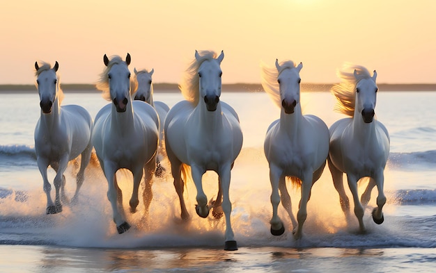 Photo des chevaux qui courent sur la plage au coucher du soleil