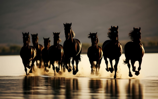 Photo des chevaux qui courent sur la plage au coucher du soleil