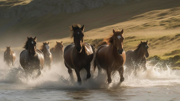 Des chevaux qui descendent la colline à grande vitesse avec la vague d'eau qui les poursuit.