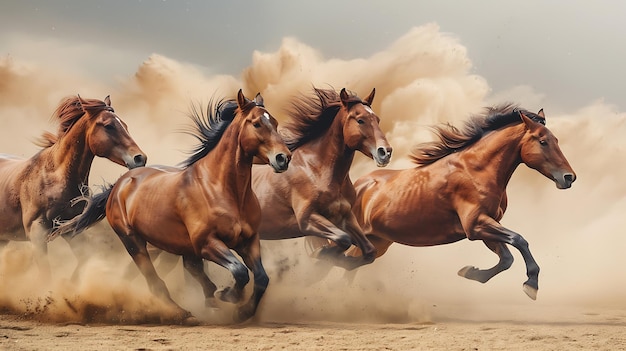 Des chevaux sauvages courent librement dans le désert et soulèvent la poussière.