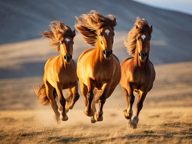 Des chevaux sauvages galopant à travers les steppes dorées de la Mongolie