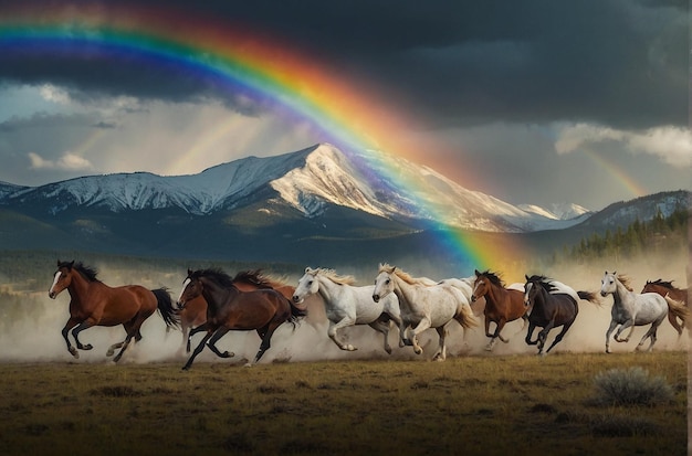 Les chevaux sauvages galopent avec l'arc-en-ciel de la montagne