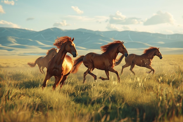 Des chevaux sauvages galopent sur une plaine herbeuse.