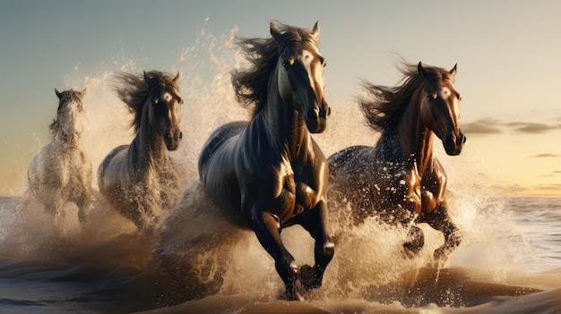 Photo des chevaux sauvages se précipitent en descendant la colline avec des vagues