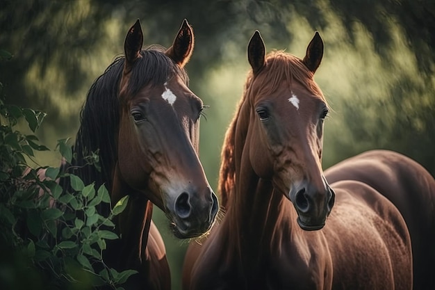 Les chevaux sont bruns et ils sont dans un champ entouré d'arbres et de végétation