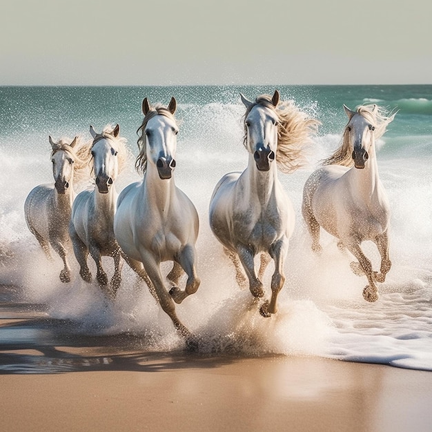 Photo les chevaux sprintent le long du rivage