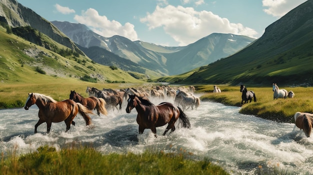 Chevaux traversant une rivière dans un paysage de montagne