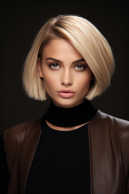 cheveux blonds avec un col noir et un pull noir