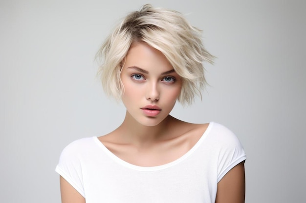 cheveux blonds avec un haut blanc et une chemise blanche