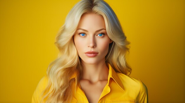 Des cheveux blonds magnifiques, des yeux bleus et un fond jaune, une femme charmante.