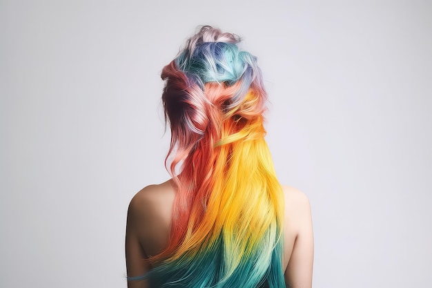 Cheveux de femme comme éclaboussure de couleur Modèle de belle jeune femme avec une peau saine et éclatante AI