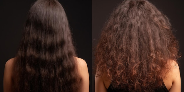 Photo les cheveux des femmes endommagés par la chaleur et le frizz sur fond de studio brun traitement de salon avec de la kératine avant et après