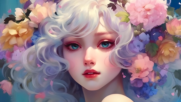 Cheveux de fleurs Tête de fleurs Fleurs sur les cheveux fille anime femme anime grands yeux bleus